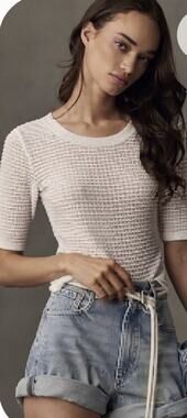 Anthropologie Pilcro White Textured Grid Open Knit Scoop Neck Top Size Med NWT
